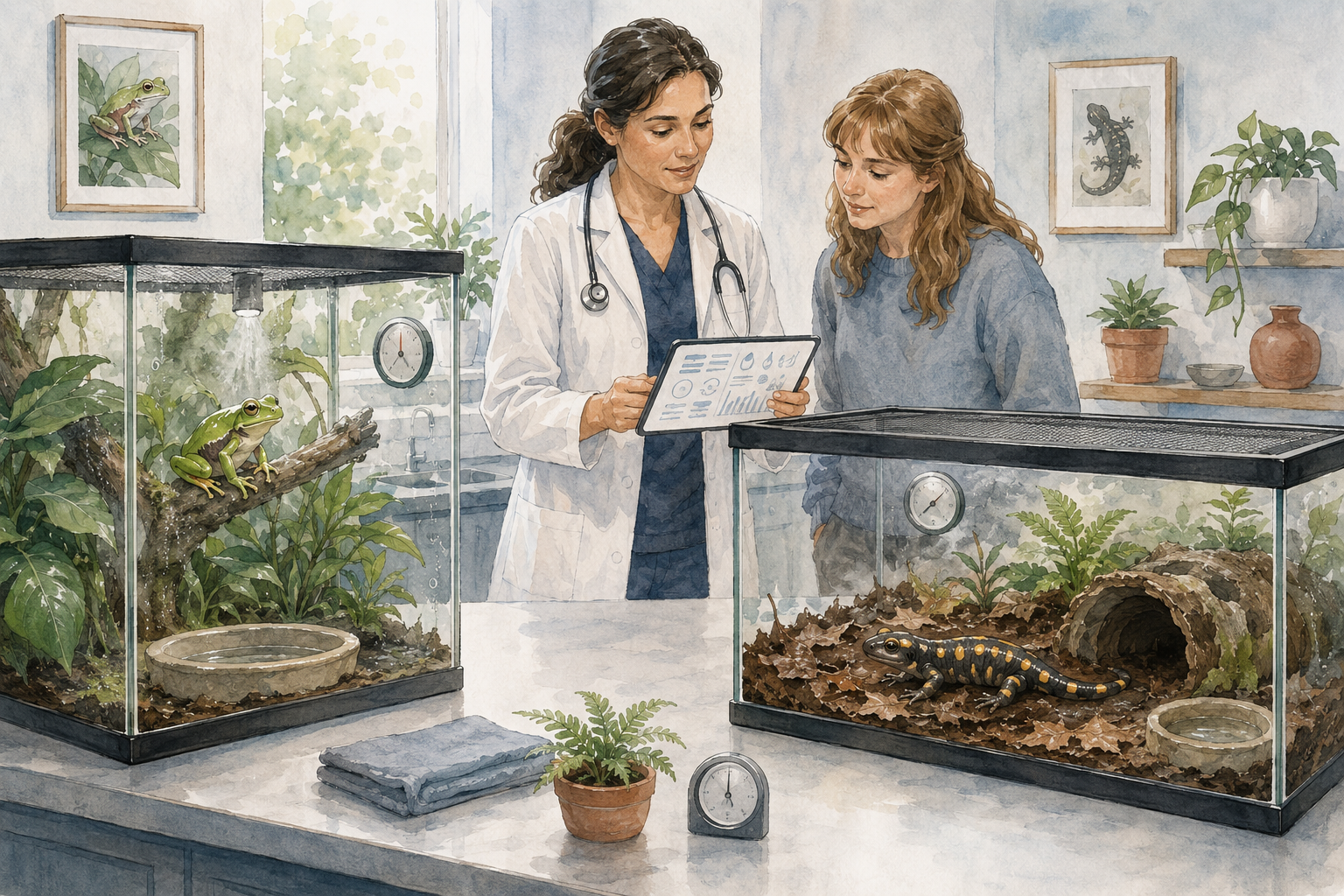 Healthy tree frog and salamander in separate habitats while a veterinarian and caregiver review water-quality records