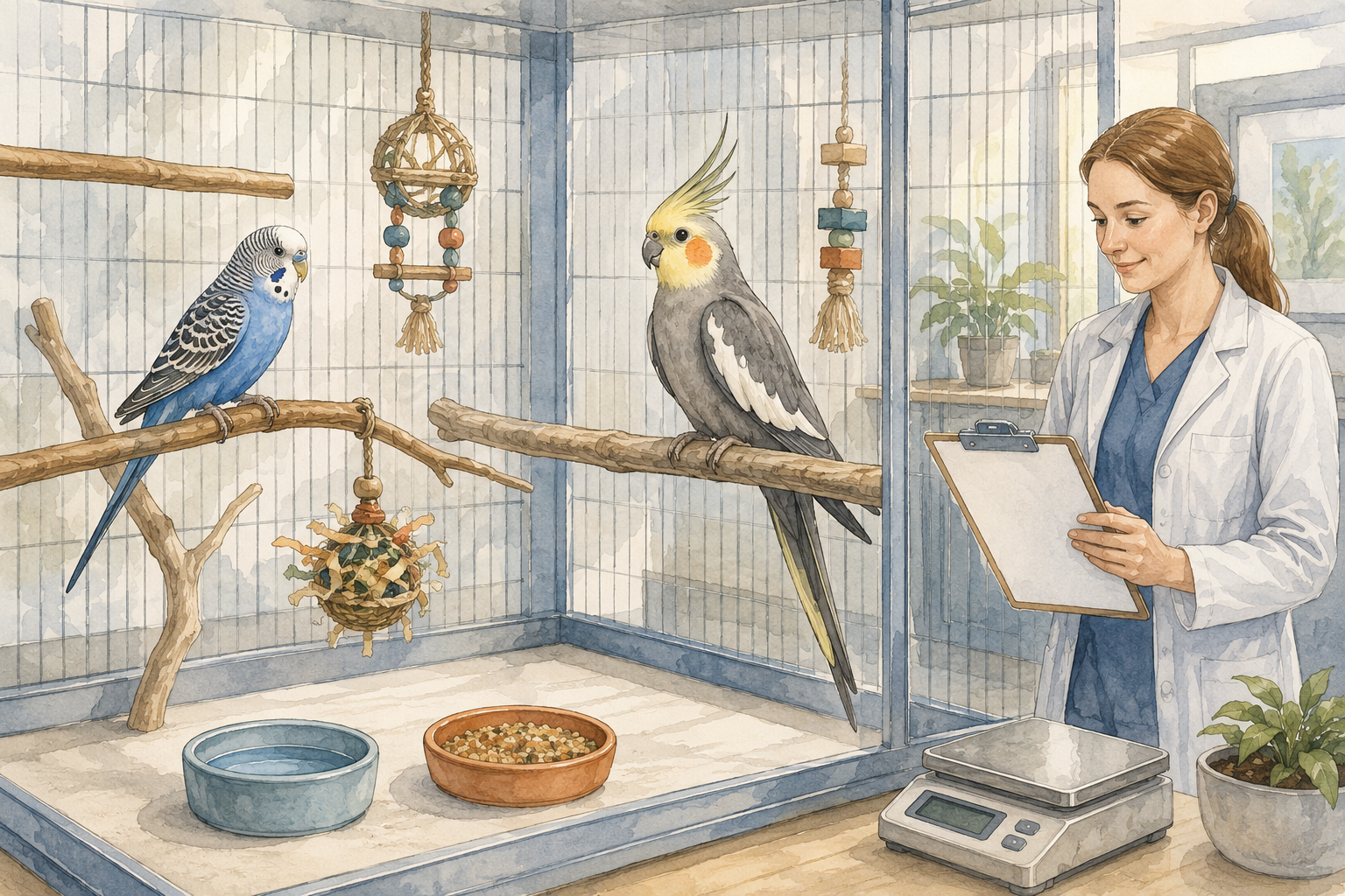 Budgerigar and cockatiel in a safe enriched habitat while a veterinarian and caregiver review a care plan