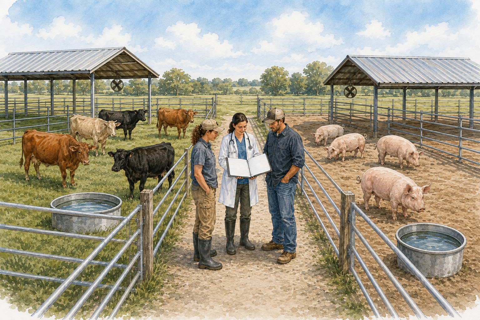 Veterinarian and caregivers reviewing health records beside calm cattle and pigs in separate pens