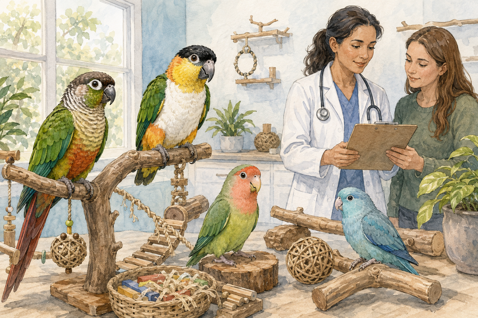 Conure, caique, lovebird and parrotlet in an enriched habitat beside a veterinary care discussion