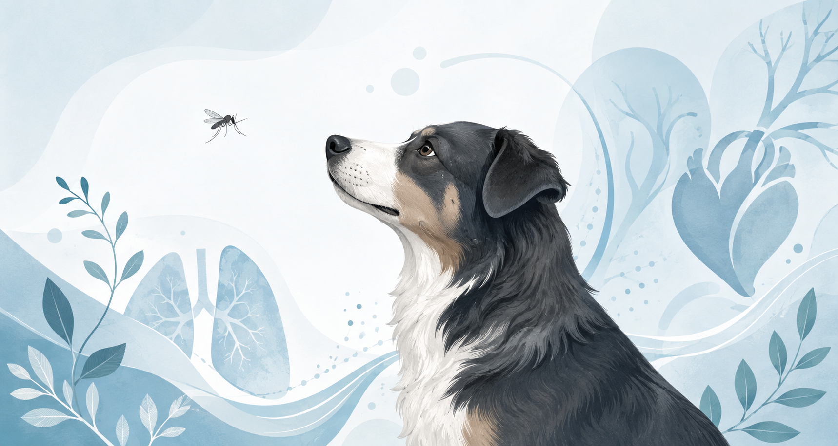 Dog beside a mosquito and stylized heart and lung silhouettes