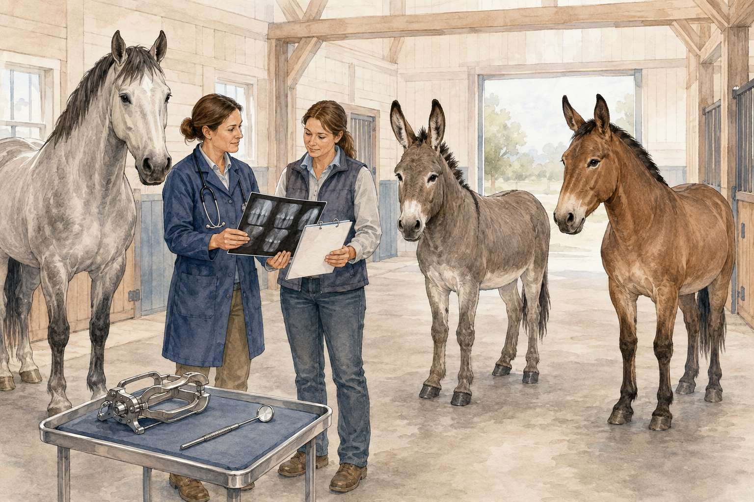 Horse, donkey and mule during a veterinary dental-care discussion