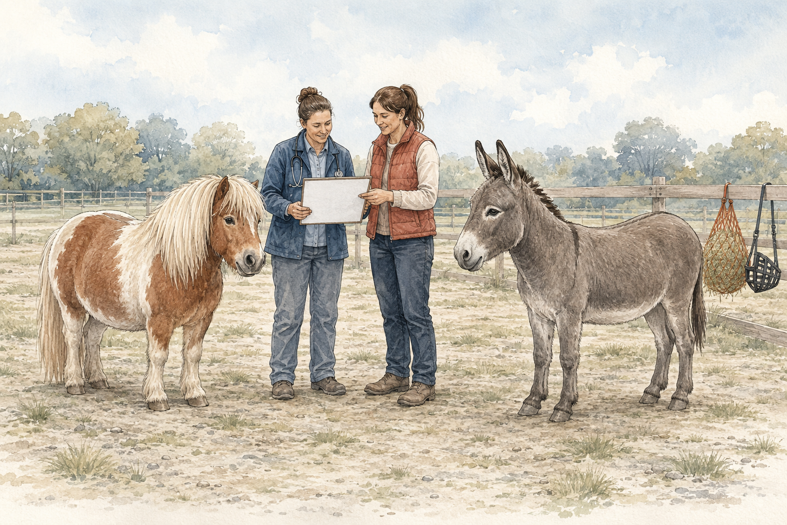 Pony and donkey in a paddock during a veterinary monitoring discussion