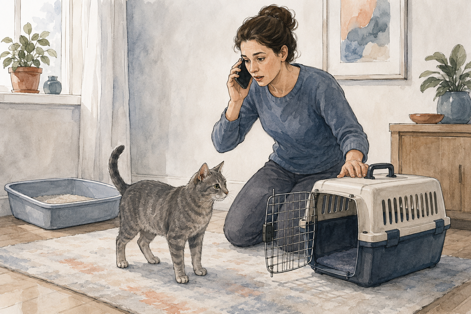 Concerned caregiver calling a veterinarian beside a male cat, litter box and open carrier