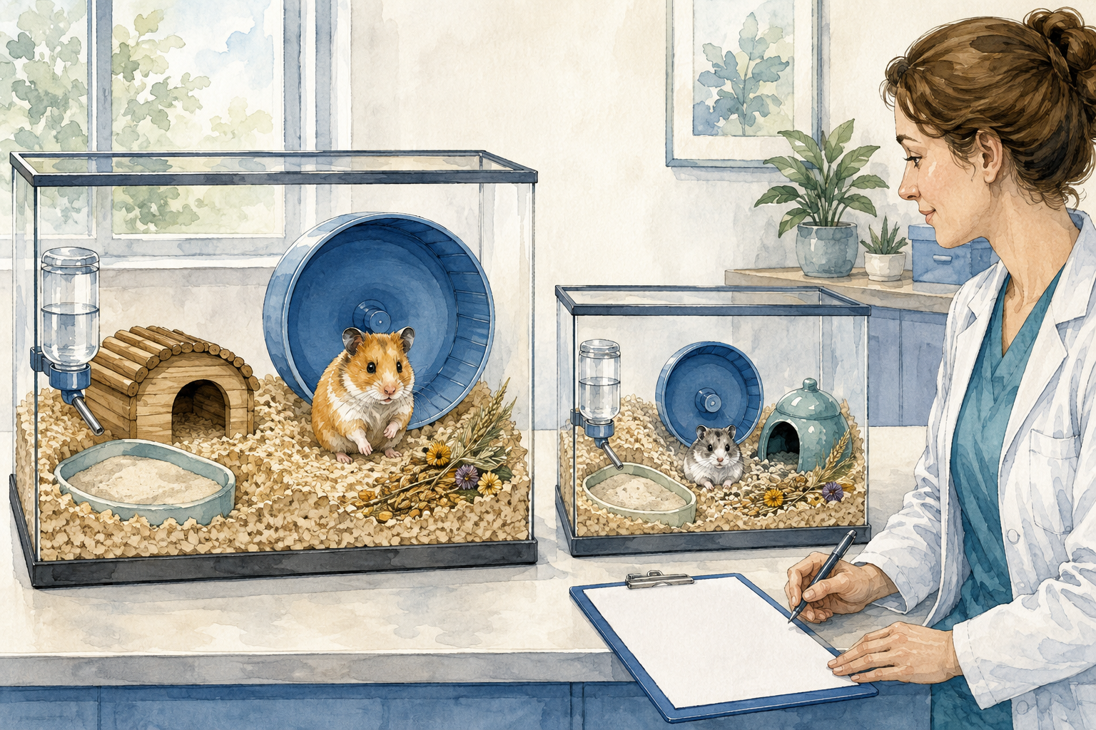 Syrian and dwarf hamster in separate deep-bedding habitats with safe wheels and hides