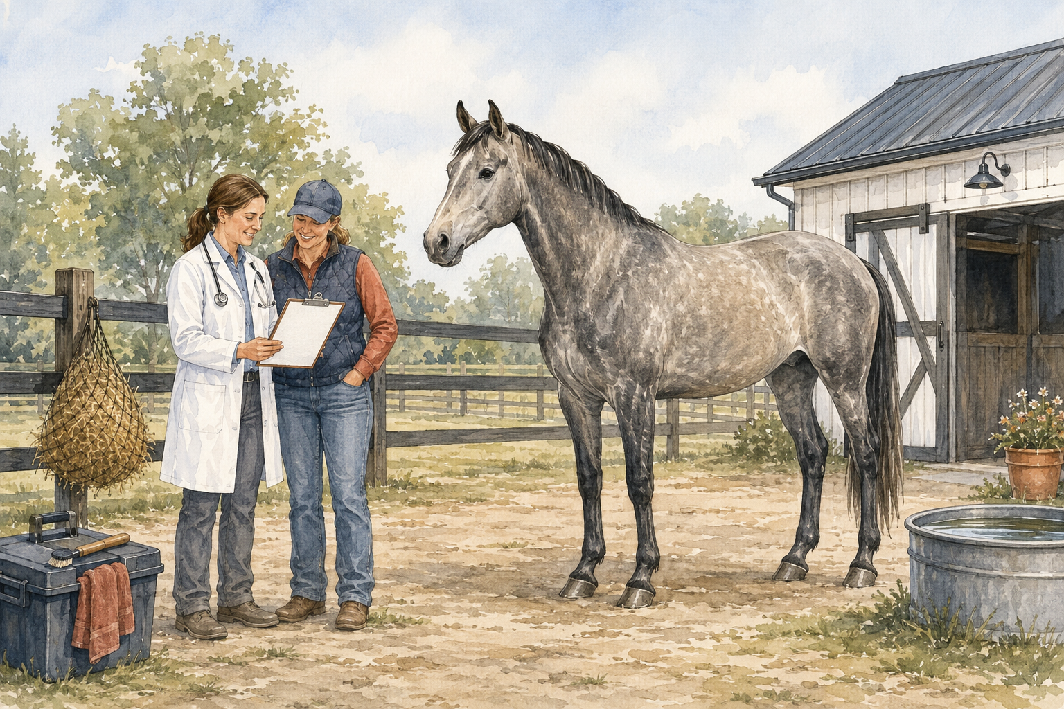 Veterinarian and owner reviewing a wellness plan beside a healthy horse