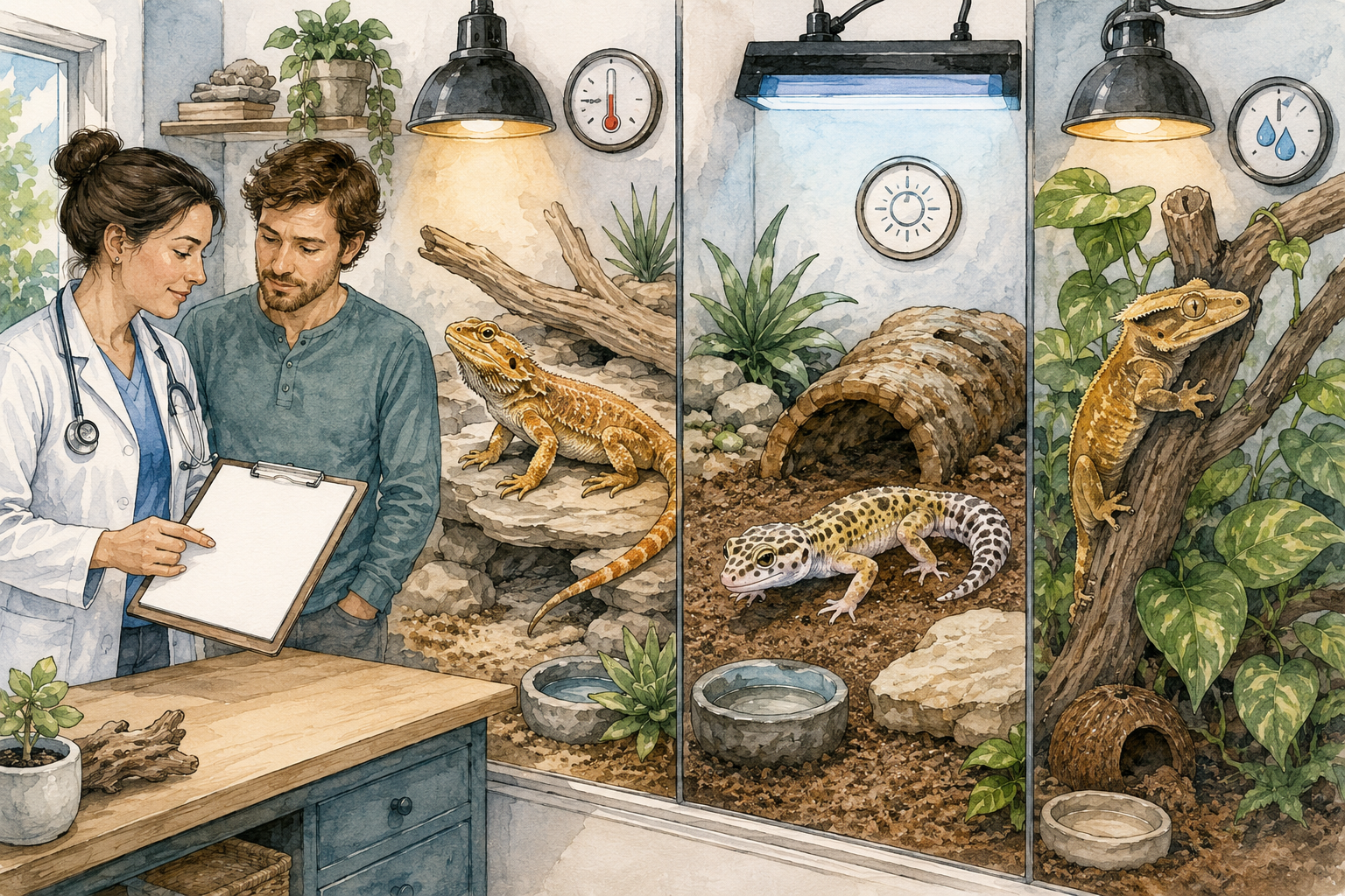 Veterinarian and owner reviewing habitats for a bearded dragon, leopard gecko and crested gecko