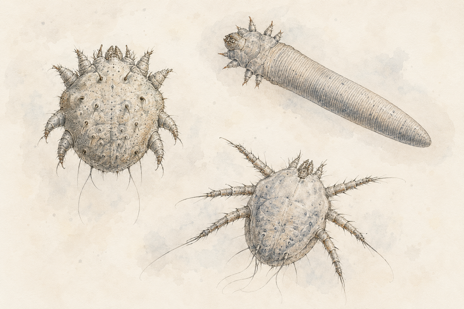 Original natural-history illustration comparing sarcoptic, Demodex and ear mite specimens