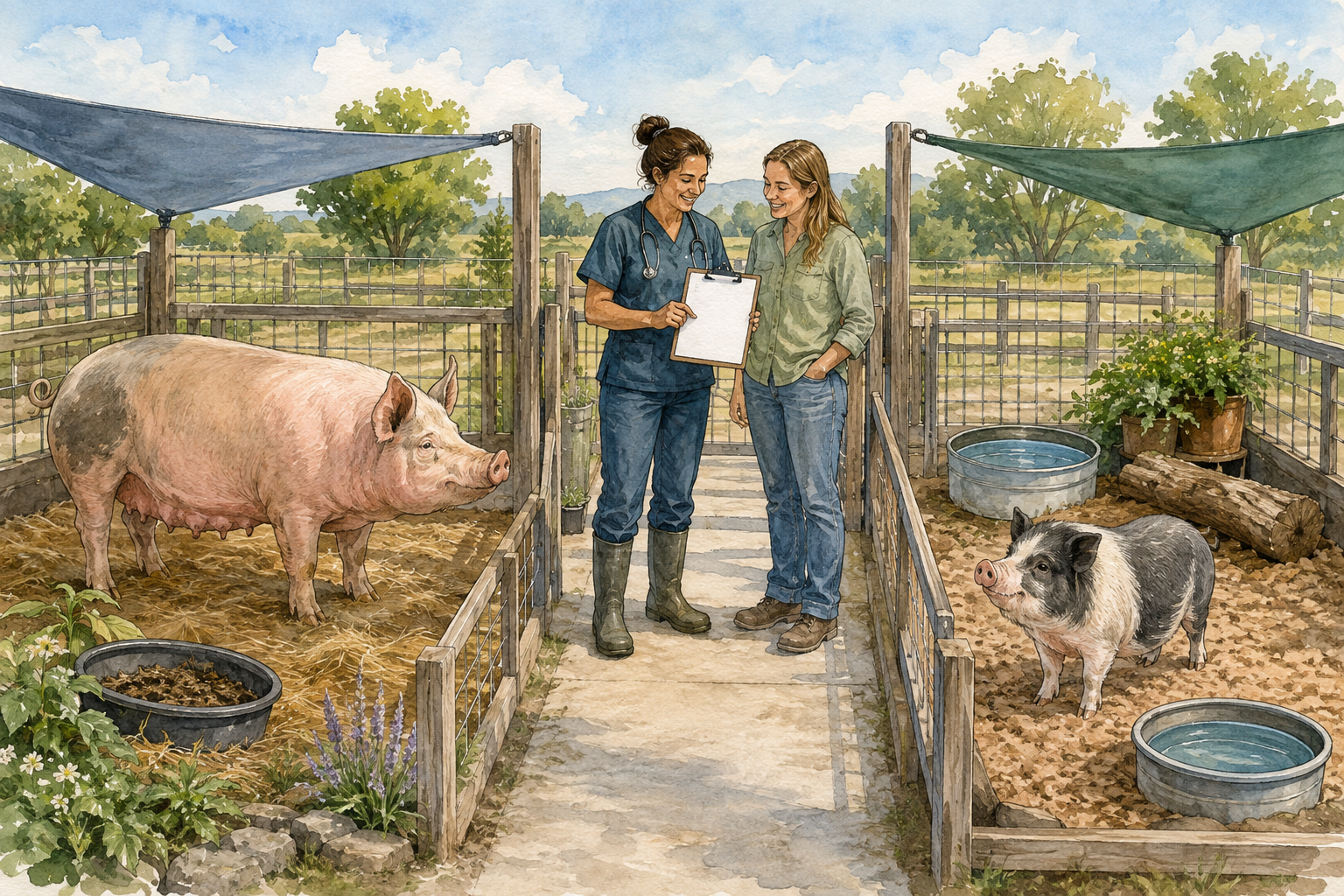 Veterinarian and owner reviewing a care plan beside healthy domestic pigs