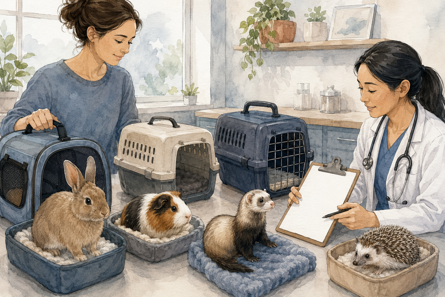 Rabbit, guinea pig, ferret and hedgehog at a veterinary consultation with secure carriers
