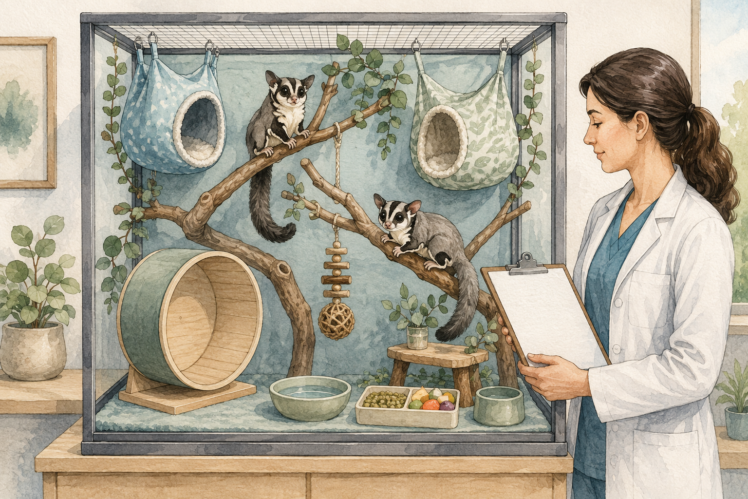 Two sugar gliders in an enriched habitat with measured food