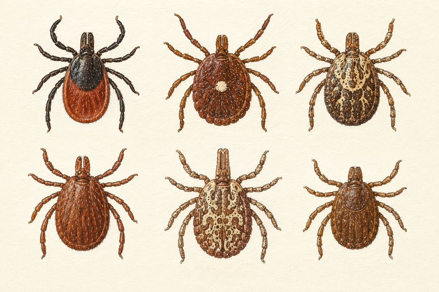 Natural-history style illustration of several hard ticks; not an identification key