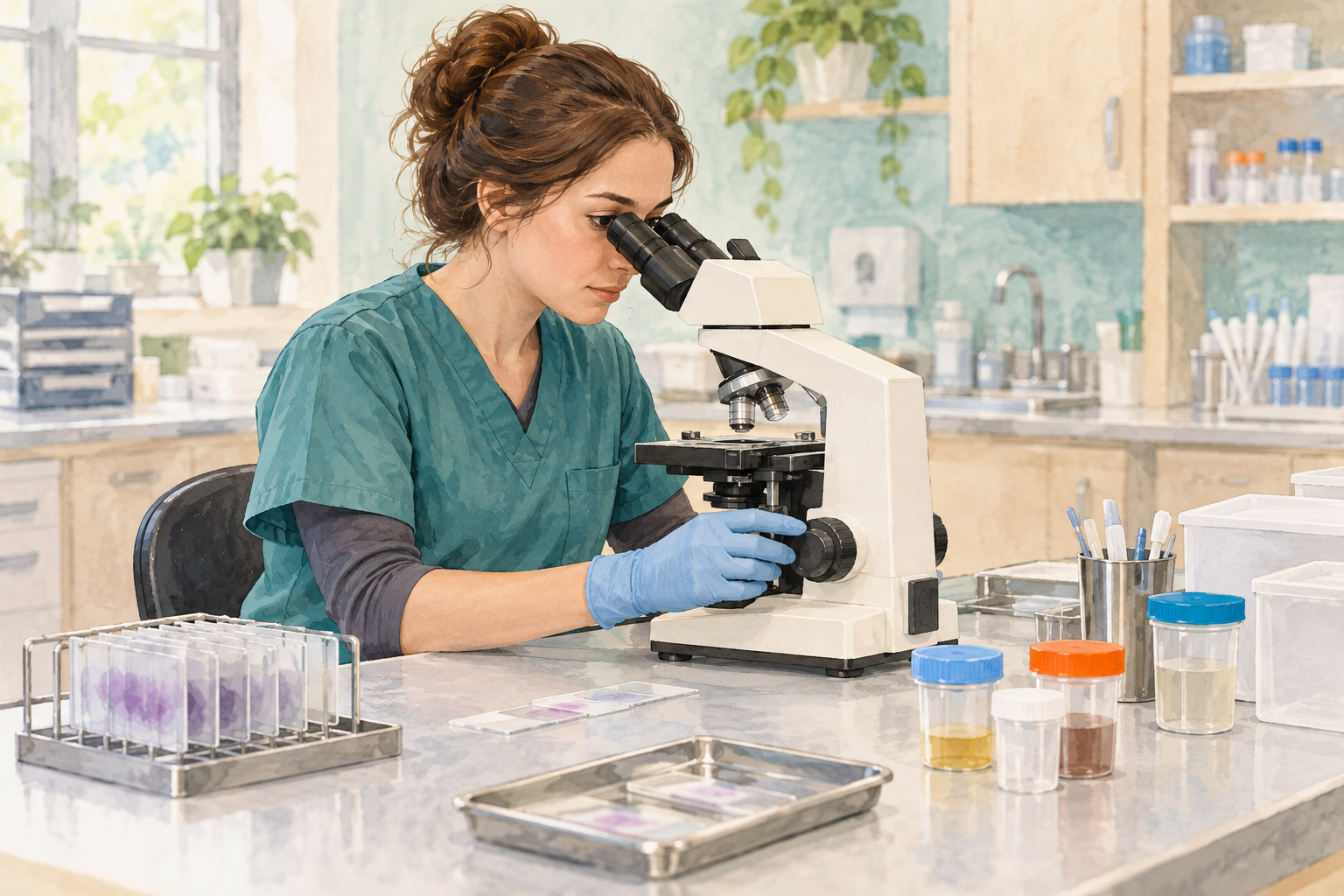 Veterinary laboratory technician using a microscope beside slides and sample containers